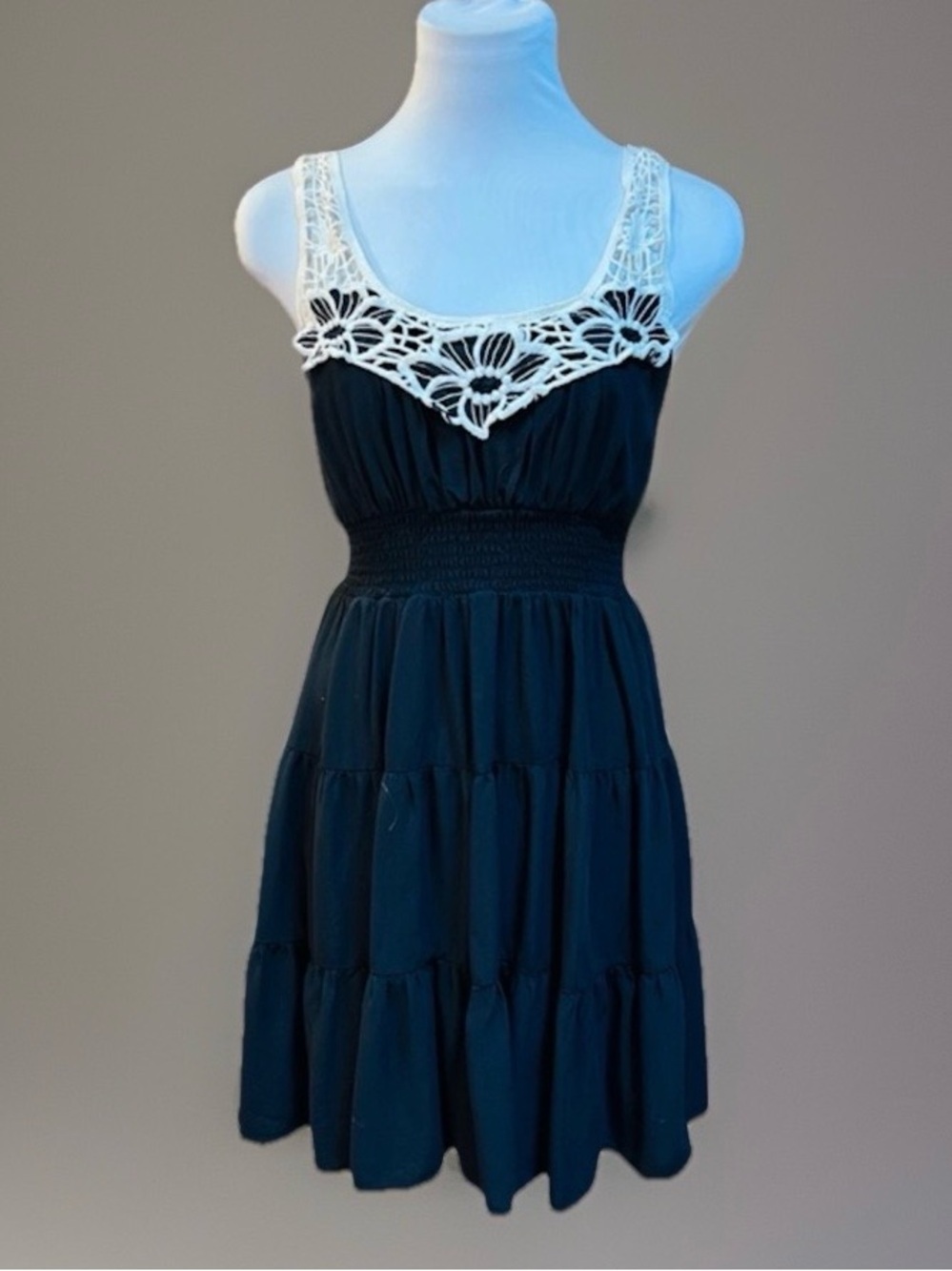 Vintage bohemian Black and cream empire waist sun dress S